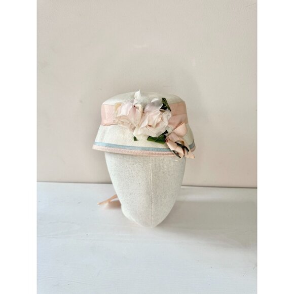 Vintage Ivory Straw Weave Pale Pink Grosgrain Ribbon Faux Flower Cloche Hat - Picture 3 of 16